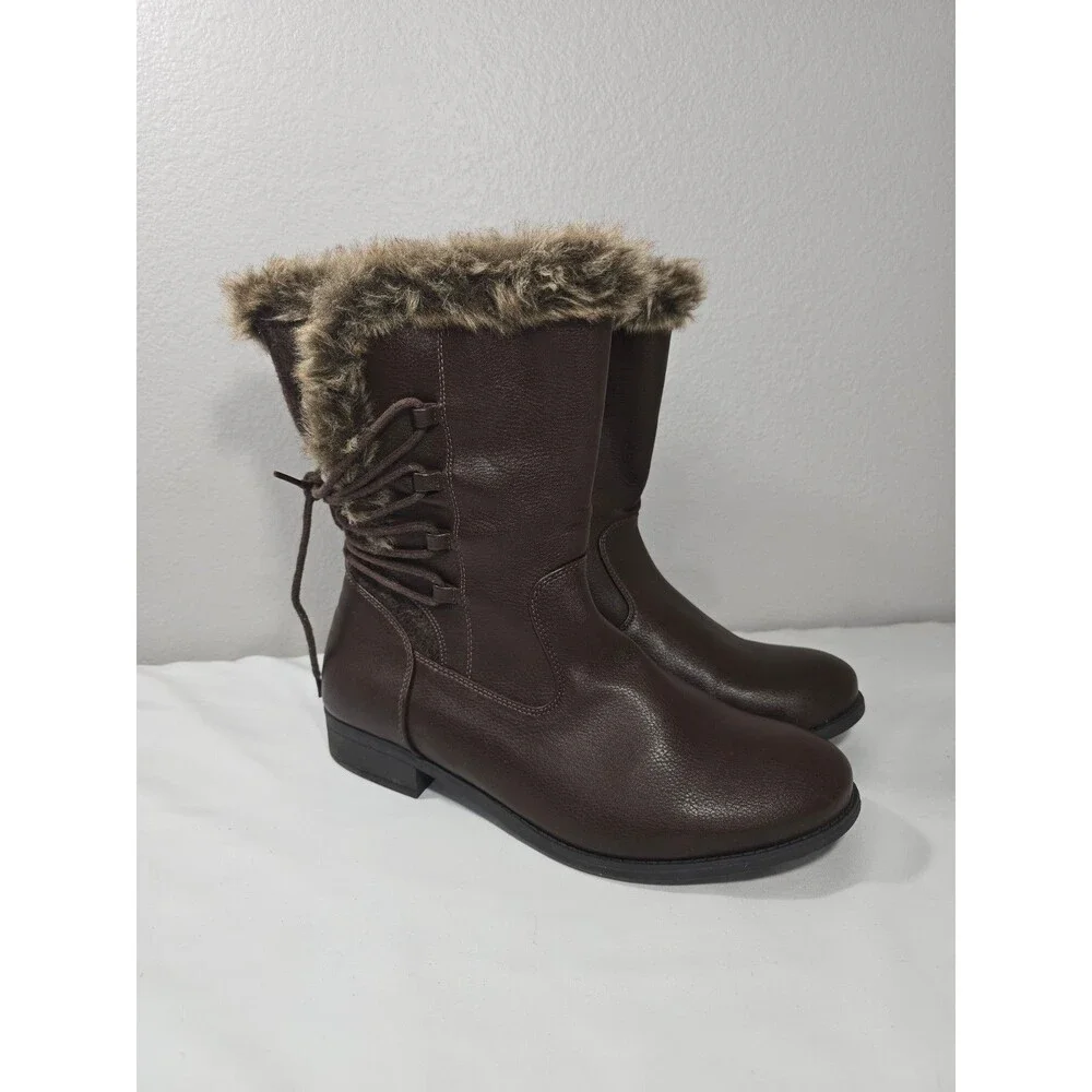 Torrid Faux Fur Trimmed Mid-Calf Boots Brown Lace up Size 12W Wide Calf